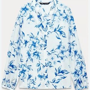 Zara Blue & White Floral Cotton Blouse V-Neck Round Collar Size Small